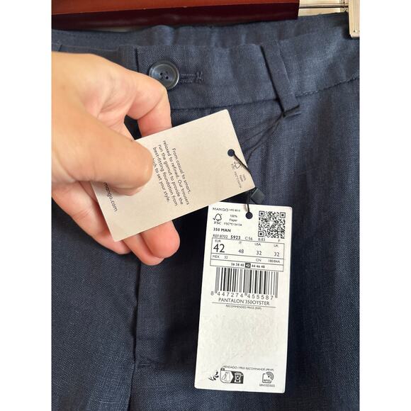 Mango MNG Men’s 100% Linen Navy Blue Pants Slim Fit Size 32 NWT Pockets - Picture 8 of 8